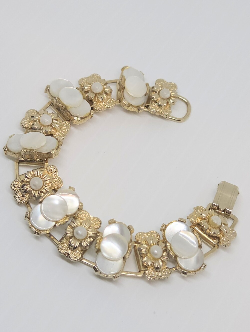 * Vintage Mother Of Pearl Gold Tone MCM Panel Bracelet